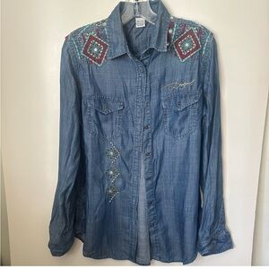 Desigual Geometric Embroidery Boho /Western Denim Button-Up Tunic /Shirt~M